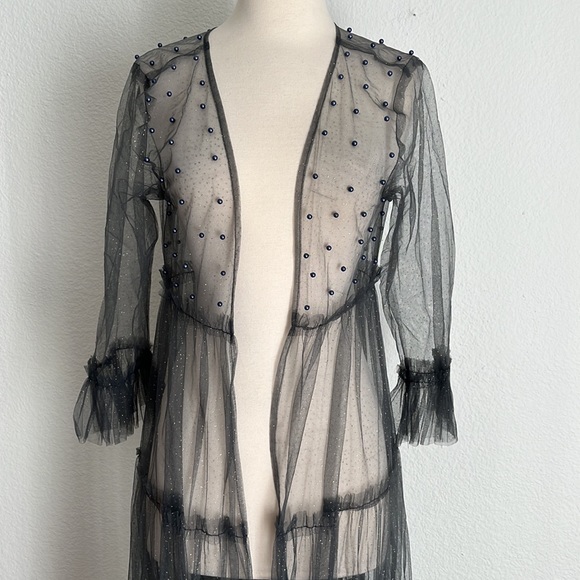 Anthropologie Elizabeth Gillett Embellished Beaded Mesh Tulle Duster One Size - Picture 6 of 13